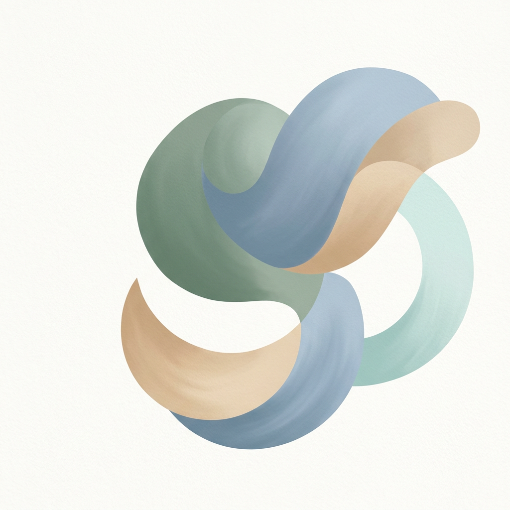 Interlocking abstract ribbons in muted blue, green, tan, and teal