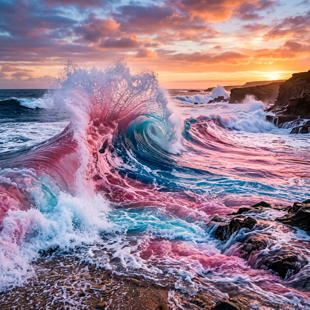 Olas rosas y azules en un mar sereno