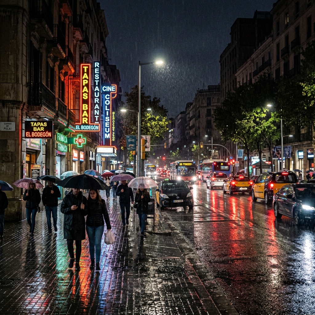 Noche lluviosa con luces urbanas