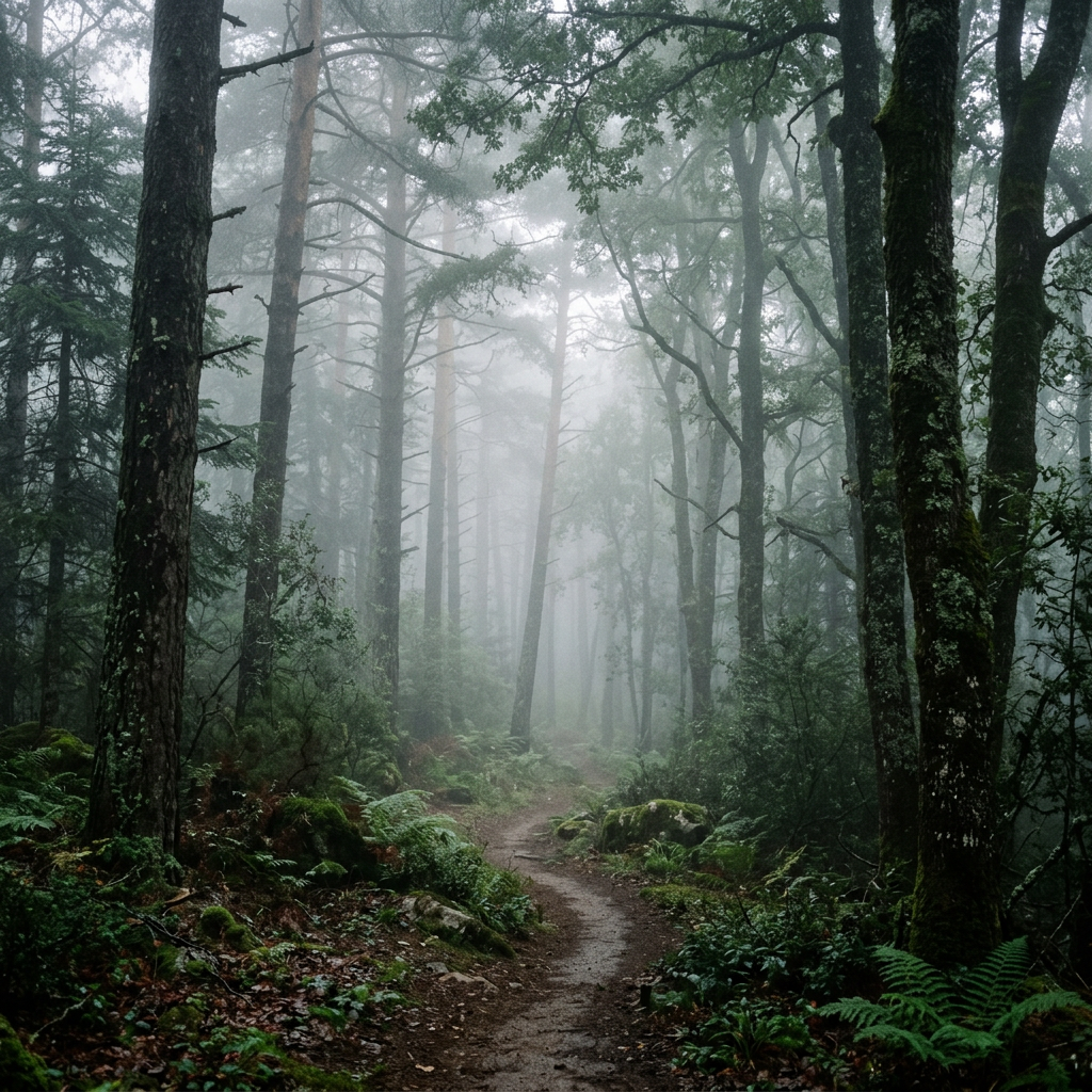 Neblina suave entre árboles del bosque