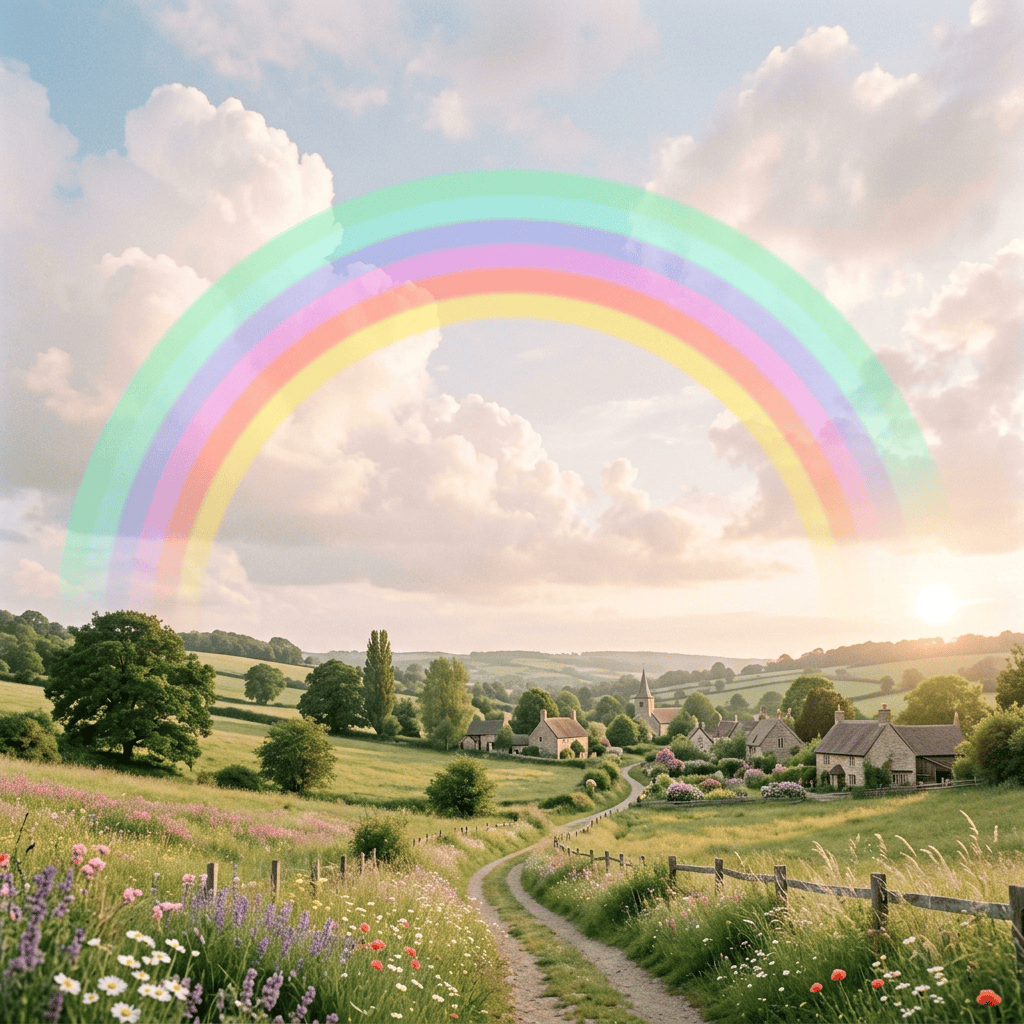 Rainbow over a flower-filled countryside village with a winding path